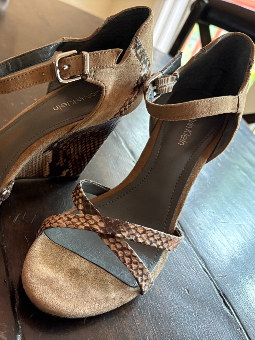 Calvin Klein Camila Snake Print Suede/Patent Wedge Heels - Size 6